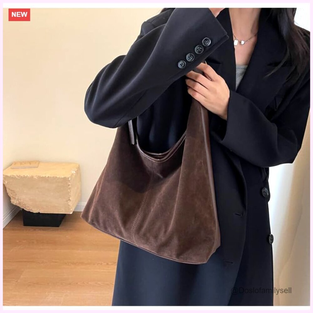 Suede Hobo Tote Bag Elegant Minimal Chic Work Purse Shoulder Bag Fall Aesthetics - Picture 4 of 7